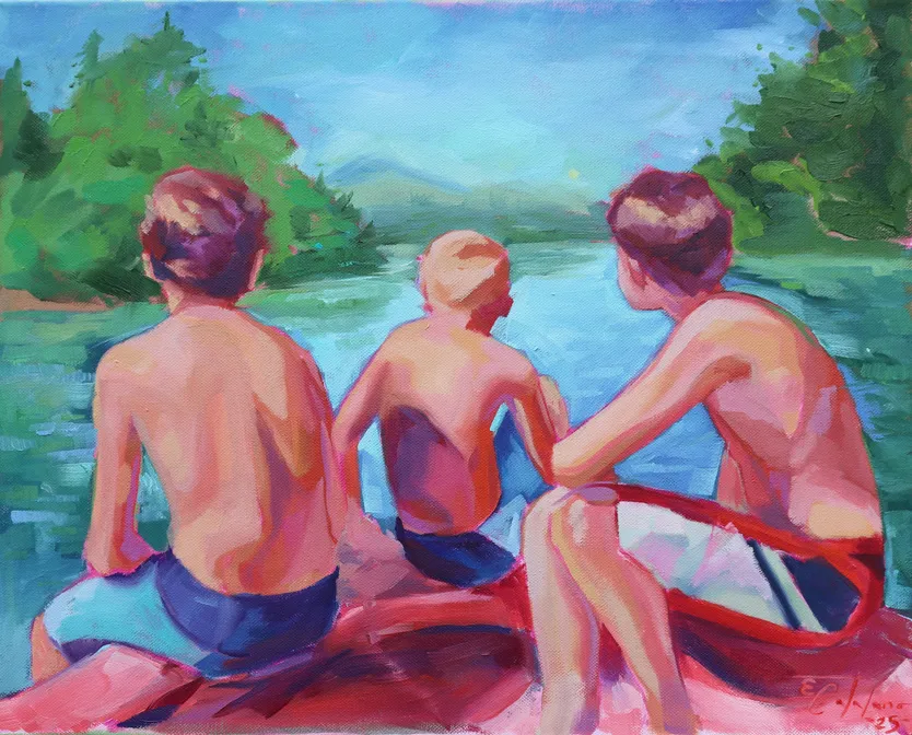 Painterly scene of swimmers by a river